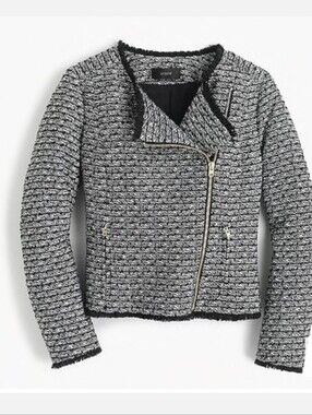 J.Crew Black Tweed Fringe Jacket Women’s Size8 New Zip Front Moto Cropped Blazer